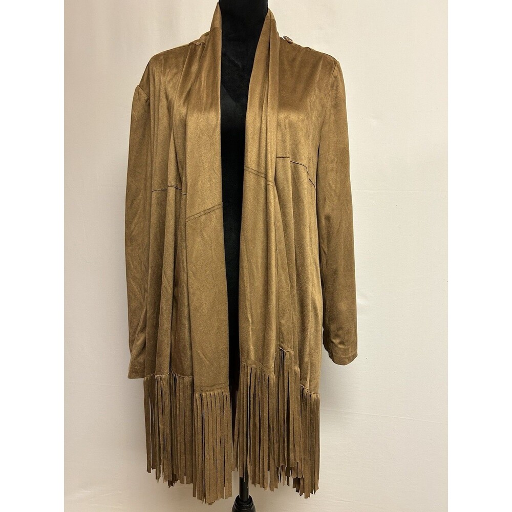 Chicos 2 Womens L NWT Brown Faux Suade Jacket Fringed Open Front Western Boho